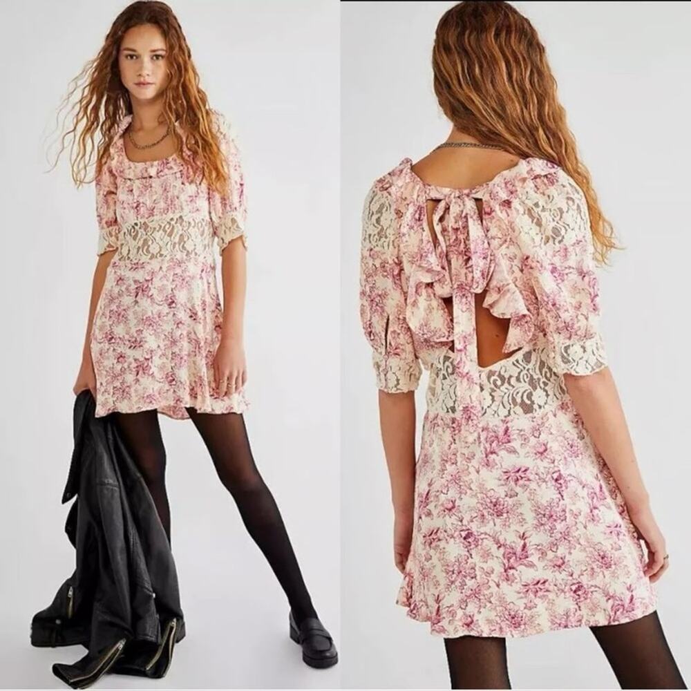 Free People | Women’s Lucie Floral Mini Dress Pink Lace Ruffles Tie Back Flowers